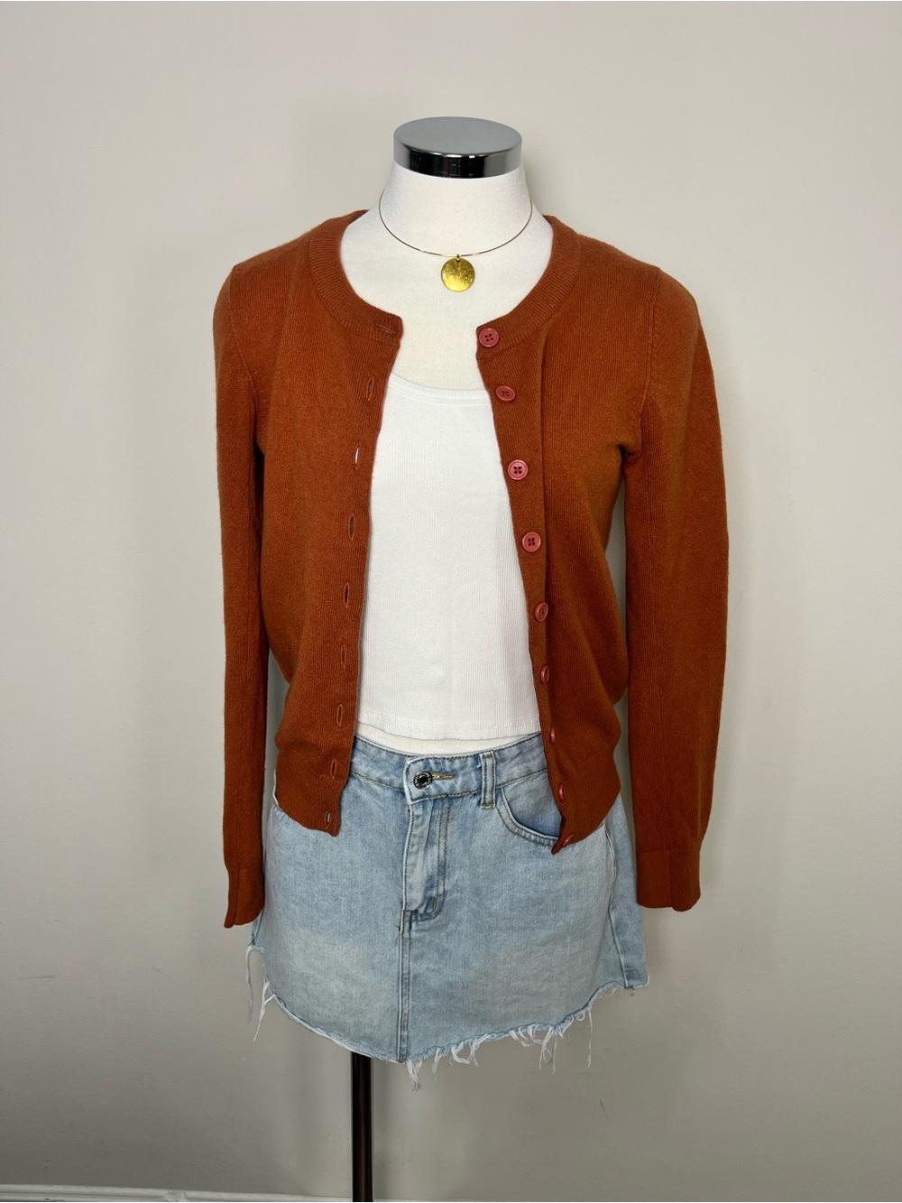 Jigsaw 100% Cashmere Cardigan Sweater Burnt Orange Pink Buttons Size S